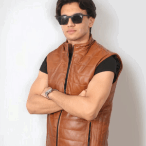 Ref : Gilet en cuir tabac